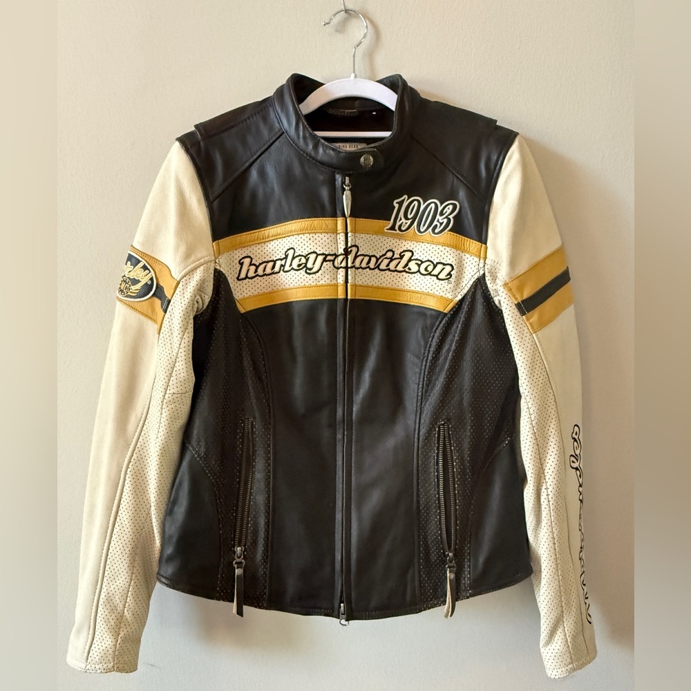 Harley-Davidson Women's Black and Cream Leather Jacket with Gold Accents